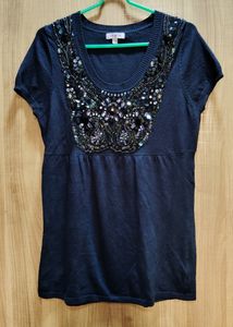 Navy Blue Wool Heavy Neck Work Top Style T-shirt