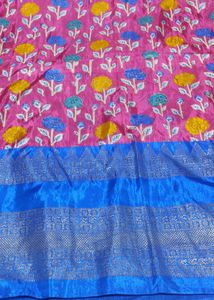 Pink &amp; Blue Floral Design Saree