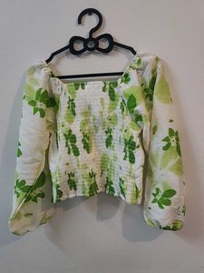 White And Green Floral Crop Top With A Keyhole