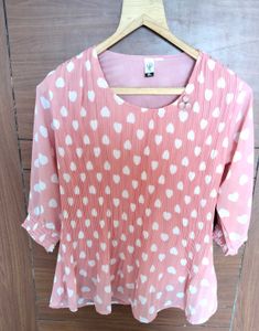 Peach Heart Print Pleated Top - XL