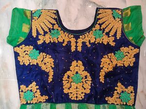 Green &amp; Navy Embroidered Anarkali Dress