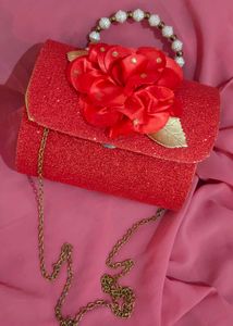 Red Glitter Floral Clutch with Pearl Handle