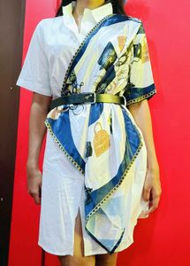 Unique White Shirt Dress with Scarf Detail