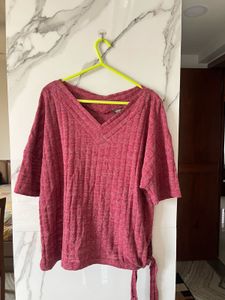 Red Knit V-Neck Top