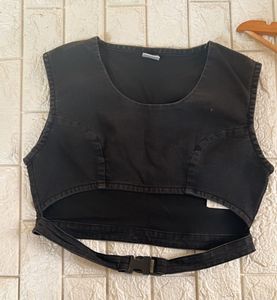 Denim Crop Top With Buckle Strap