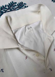 Uniqlo Men Cotton Mix Cream Printed Polo Tshirt