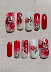 Red &amp; White Floral Press-On Nails