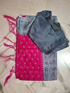 Pink & Gray Silk Saree + Blouse