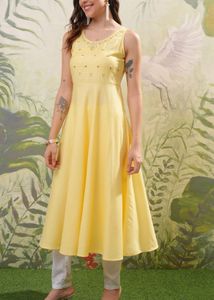 Yellow Embroidered Sleeveless Kurta