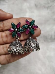 Coloured Stone Oxidised Jhumki