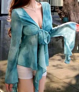BLUE SHEER RUFFLE TOP FOR WOMEN