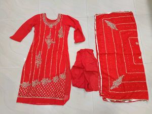 Red Embroidered Kurta Set with heavy duppata