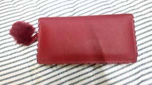 Red Studded Wallet with Pom-Pom
