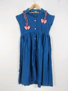 Teal Blue Printed Collar Neck Dress (Girls)