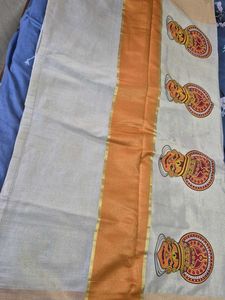 Kerala Kasavu Saree with Kathakali Print