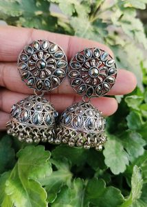 Silver Oxidised Jhumka And Dangler
