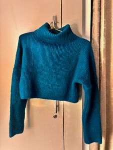 Teal Cropped Turtleneck Sweater