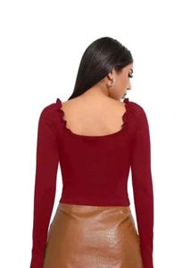 women maroon ruched long-sleeve square-neck top