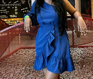 Blue One-Shoulder Ruffle Dress