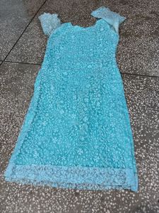 Aqua Embroidered Net Kurta