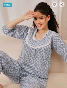 Clovia Rich cotton blue floral lace night suit