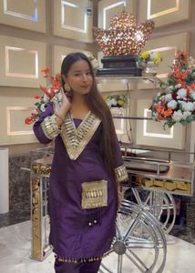 Purple Embroidered Kurta Set with potli