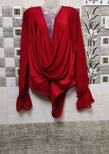 Red Deep V-Neck Bodysuit