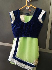 Pista And Blue Color Velvet Touch Saree