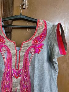 Grey Kurti with Pink And Red Embroidery
