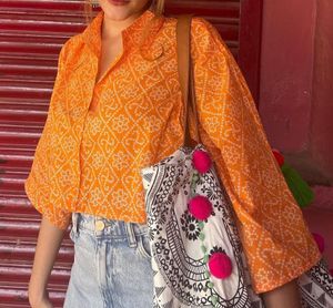 SassProject Orange Bandhani Ethnic Crop Boxy Shirt