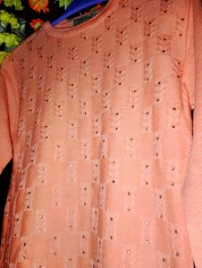 Peach Embellished Knit Sweater