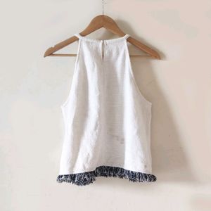 Zara Ecru White Tweed Halter Top with fringe