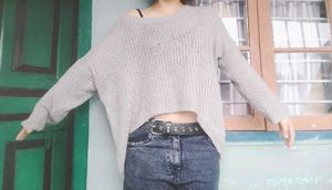 Grunge Grey Crochet Off Shoulder Sweater