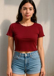 Burgundy Ruffle Trim Crop Top