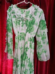 Green floral Print georgette Gown.