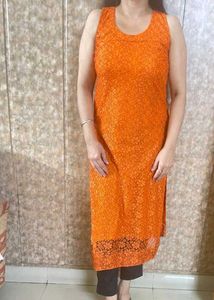 Orange Net Kurta With Attached Inner