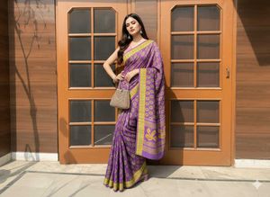 💜✨Purple & Gold Print Saree