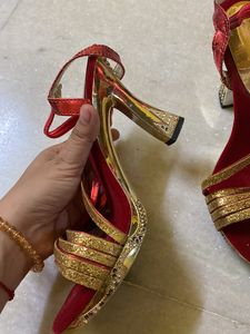 Red N Golden Ethnic Heels