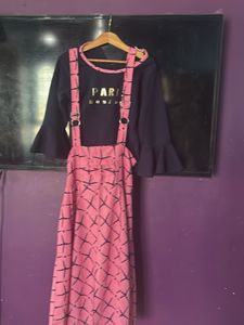 Pink Patterned Dress &amp; Navy Top Set