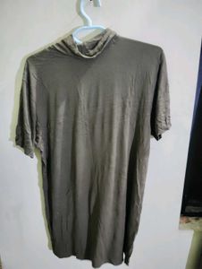 Olive Green Turtleneck Tee with Button Detail