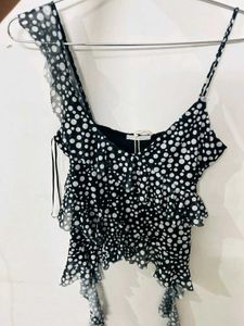 ZARA Printed Tulle Top With Ruffles