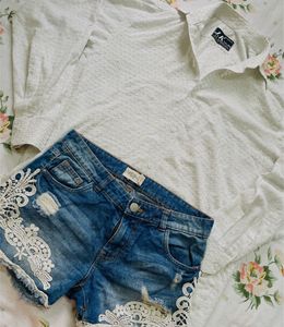 H&amp;m Inspired Lace Denim Shorts And White Shirt