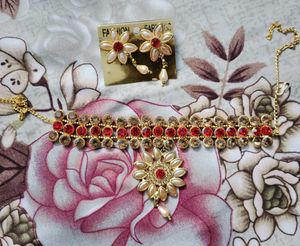 Red & Gold Floral Choker Necklace Set