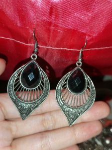 Boho Silver &amp; Black Drop Earrings