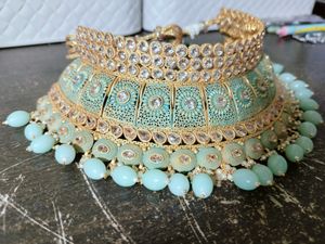 Mint Green Choker Set With Earrings And Mang Tika