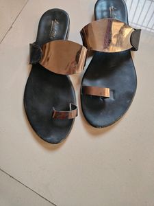 Metalic Grey And Black Flat Sandals