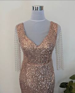 Rose Gold Sequin Gown with Sheer Sleeves
