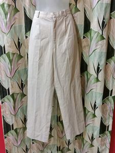 Beige Pleated Wide Leg Trousers