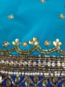 party wear saree firozi colour saree &amp; dark blue border with beautifu work as per showing in pic full length saree blouse size mention in pic