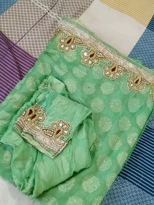 Green Polka Dot &amp; Embroidered Saree